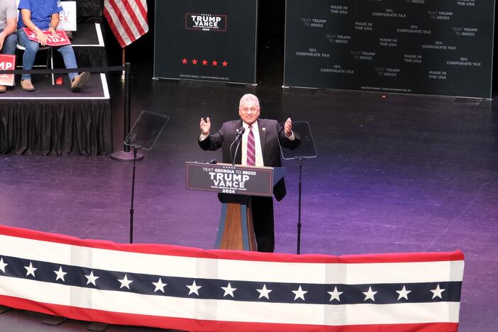 U.S. Rep. Buddy Carter speaks at a Trump campaign rally at the Savannah Civic Center on Sept. 24, 2024.