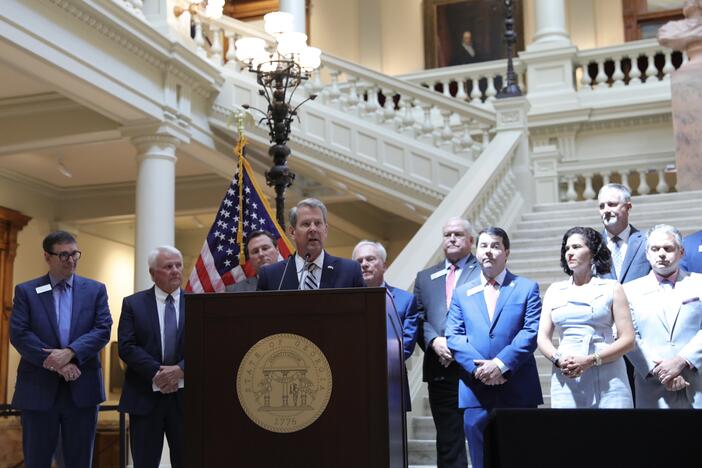 Georgia Governor Brian Kemp at the state Capitol on Monday just before he signed a series of workforce development bills into law.