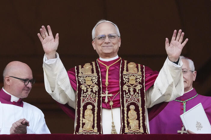 Pope Leo XIV appears on the central loggia of St. Peter's Basilica after being chosen the 267th pontiff of the Roman Catholic Church, at the Vatican, Thursday, May 8, 2025. (AP Photo/Alessandra Tarantino)