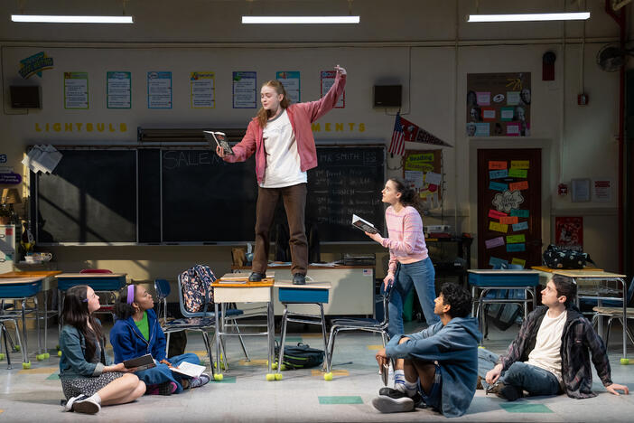 From left: Amalia Yoo, Morgan Scott, Sadie Sink, Finna Strazza,  Nihar Duvvuri and Hagan Aziere Oliveras during a performance of John Proctor is the Villain at the Booth Theatre in New York City in 2025.