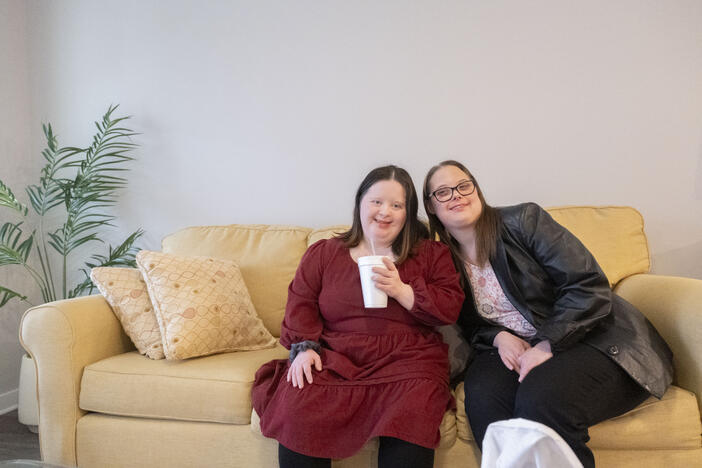 Roomates Emma Farrell and Bethany Beech at their new apartment in the Soaring Heights community of Conyers in January, 2025. The apartment, which is one of several units specifically built for people with intellectual or developmental disabilities, is both of their first homes away from their parents.
