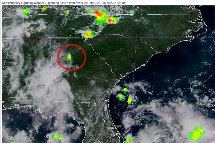 In this image from the National Weather Service lightning tracker, the circled area represents a flash that could be associated with a possible meteor sighting in metro Atlanta. 