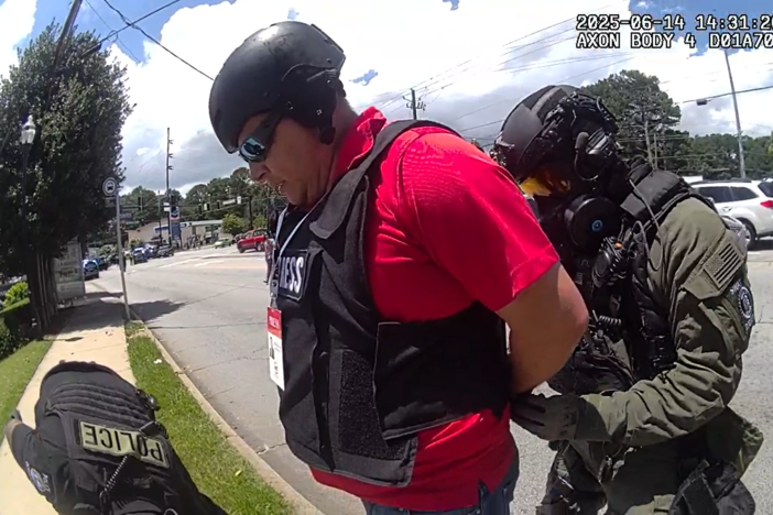 Doraville Police body cam showing the arrest of journalist Mario Guevara during a protest in Metro Atlanta on June 14, 2025. Screenshot