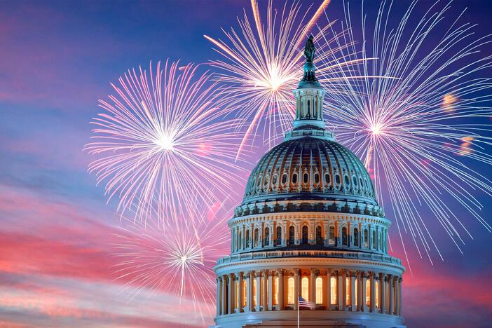 Fireworks behind the Capitol Building in Washington D.C.