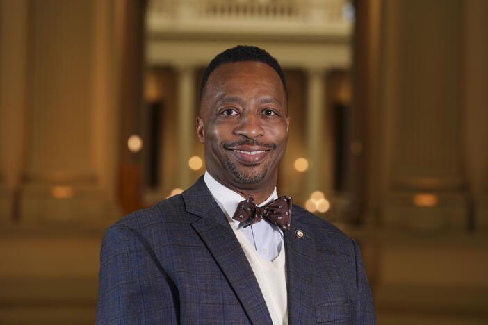 FILE - Georgia state Rep. Derrick Jackson poses for a portrait at the capitol on Tuesday, Nov. 16, 2021, in Atlanta. (AP Photo/Brynn Anderson, File)