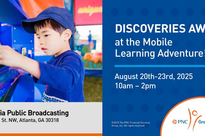 This image is the promotional image of PNC's Grow Up Great Mobile Learning Adventure. It shows a young boy dressed in blue playing.