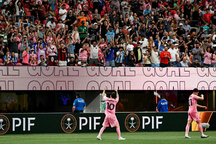 Inter Miami CF star Lionel Messi waves to the crowd in Atlanta's Mercedes-Benz Stadium on June 19, 2025 after the team  prevailed over Porto in a FIFA Club World Club match.