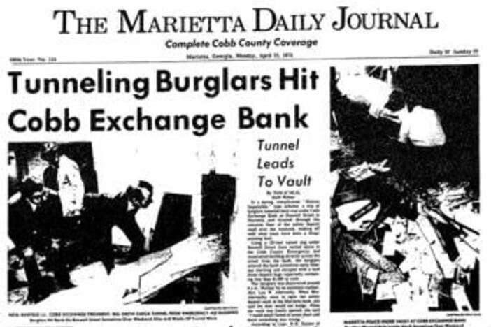 Marietta Daily Journal Front Page Headline: Tunneling Burglars Hit Cobb Exchange Bank