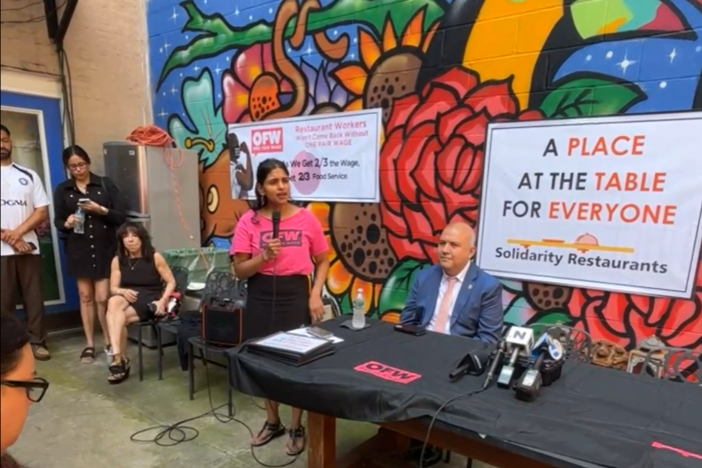 Saru Jayaraman speaks at the launch of the Solidarity Restaurants campaign in New York City on June 20.
