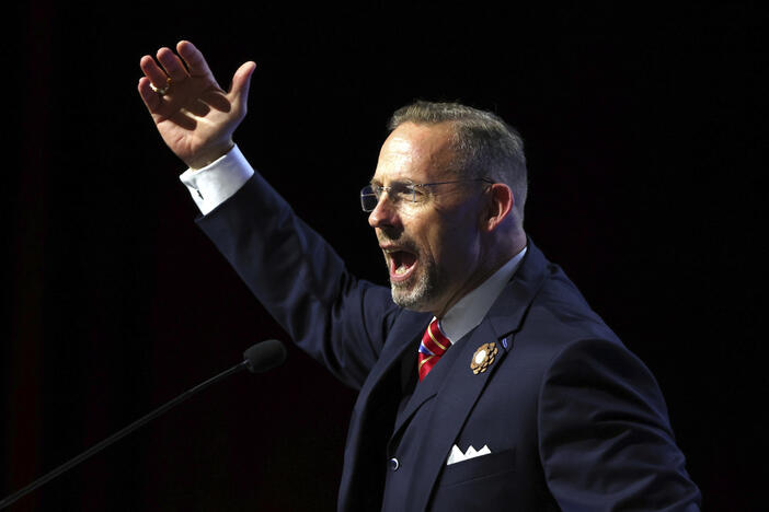 Southern Baptist Convention President Clint Pressley gives the President's Address during the 2025 SBC Annual Meeting, Tuesday, June 10, 2025, in Dallas. (AP Photo/Richard W. Rodriguez)