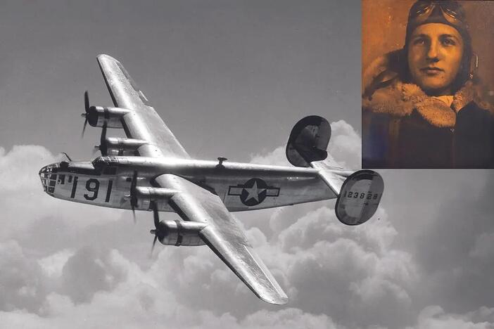 A B-24 Liberator and a portrait of 2Lt. Milton Leonard Hymes Jr. Credit- Mighty Eighth Air Force Museum.webp