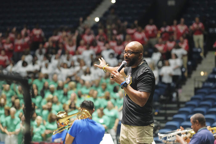 Bibb County Schools Superintendent Dan Sims speaking during the school system's convocation ceremony in July of 2023. 