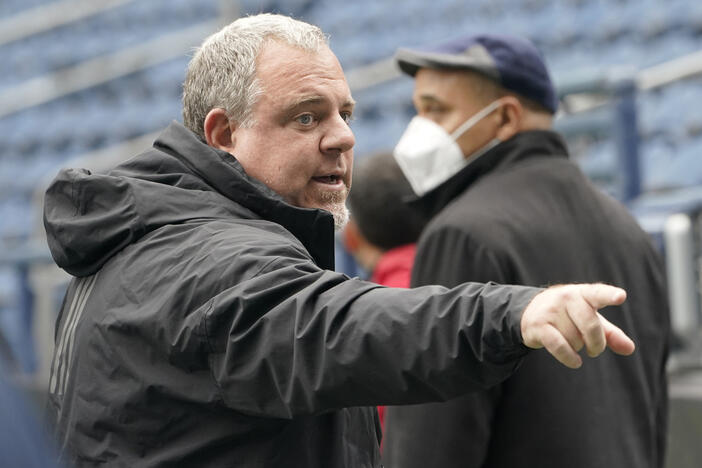 FILE - Garth Lagerwey, then-general manager of the Seattle Sounders soccer team, gestures during training, May 3, 2022, in Seattle. (AP Photo/Ted S. Warren, File)