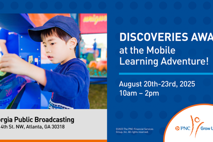 This shows and image of a young boy in blue playing at PNC Mobile Learning Adventure.