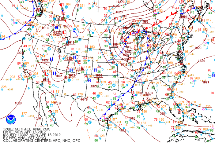 Surface weather map for Monday, April 16, 2012.  (Courtesy: NOAA, NWS, and the HPC)