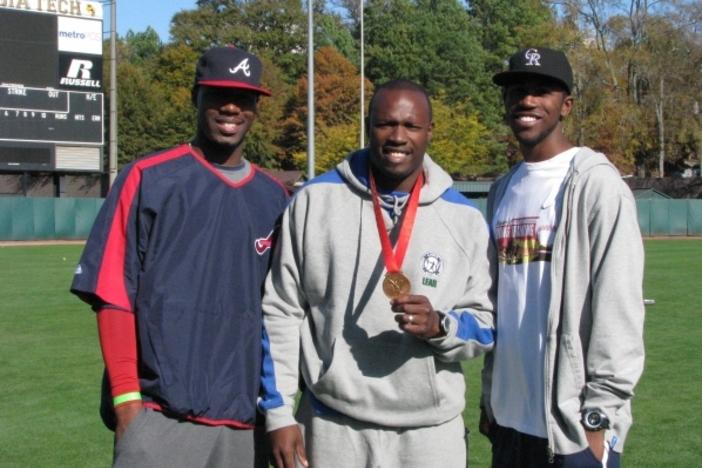 CJ Stewart with Jason Heyward of the Atlanta Braves & Dexter Fowler of the Colorado Rockies