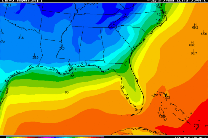 Forecast temperatures for 7am Friday, January 13, 2012.  Image courtesy of Wright-Weather.com