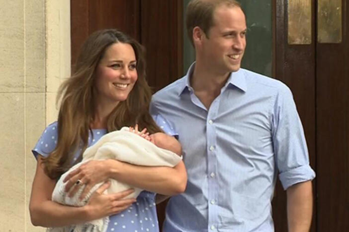 Kate Middleton and Prince William emerge with their new infant son. Might they name him George- like George Crawley? (Photo BBC)