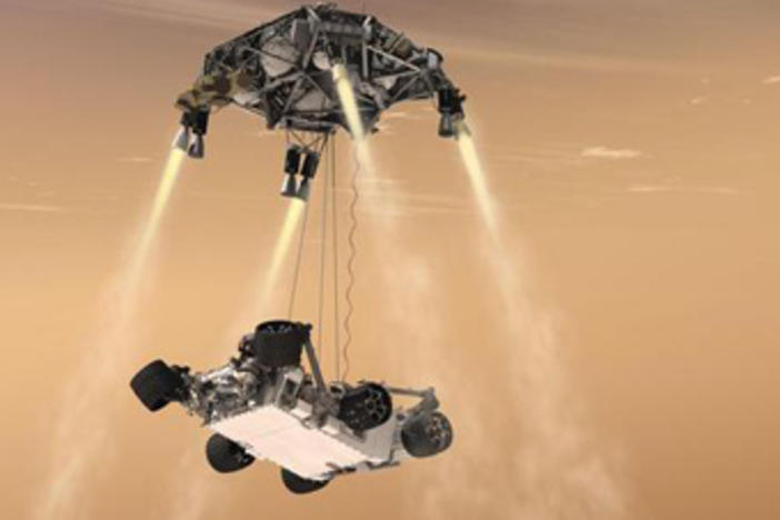 An artist rendering of Mars Curiosity probe's landing. Courtesy NASA/JPL-Caltech.