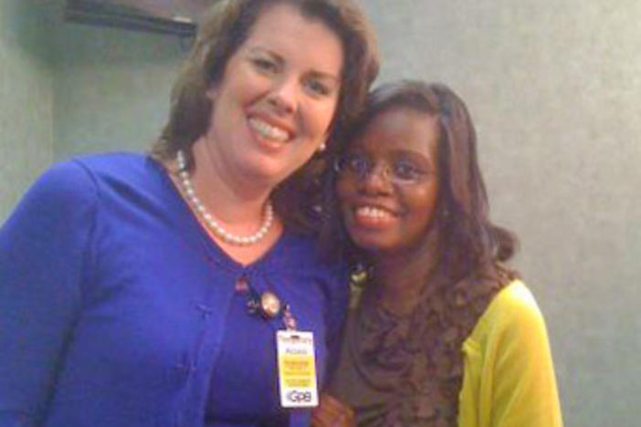 Vicki Davis and I are all smiles after being dolled up in the make-up room.