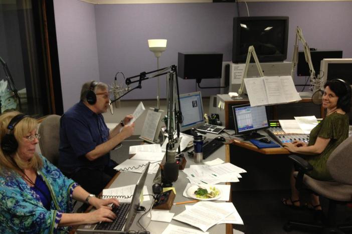 GPB Radio control room in the thick of a drive.  Left to right: Pat Marcus, Eric Nauert, Sarah Zaslaw.
