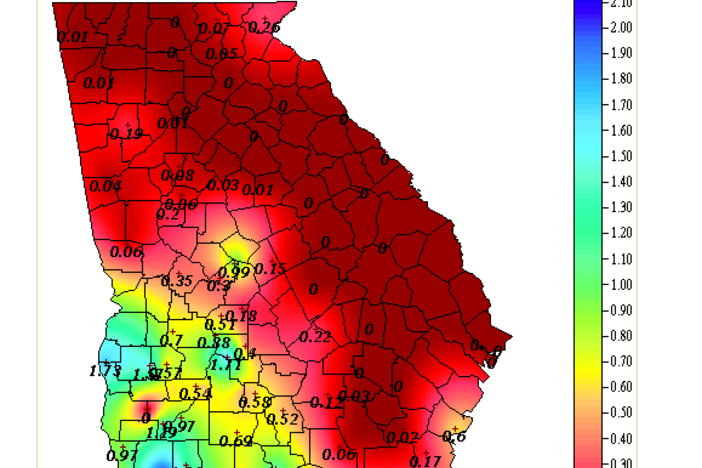 The total amount of rainfall from 12am through 9pm on Sunday, September 4th.  Image courtesy of GeorgiaWeather.net