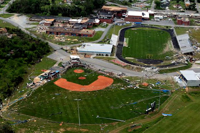 View of tornado damage at Ringgold High School.  Image at http://www.highschooltabloid.com