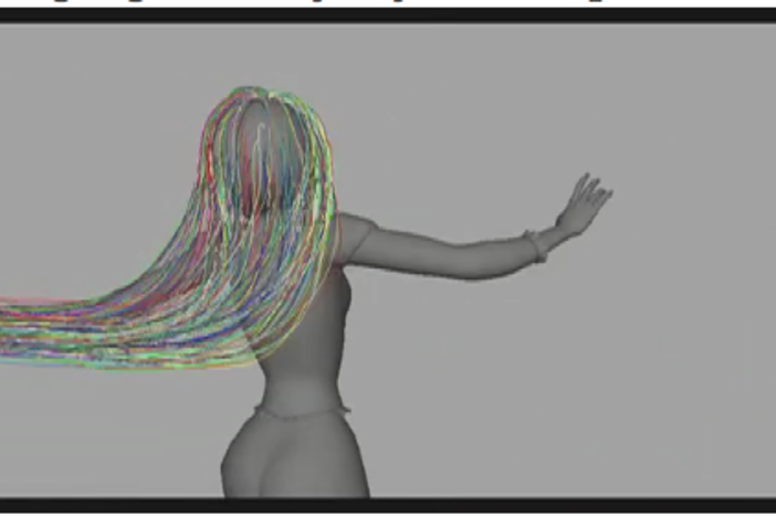 A computer model depicting simulatd strands of hair.  Image courtesy of Disney and ScienceFriday.com