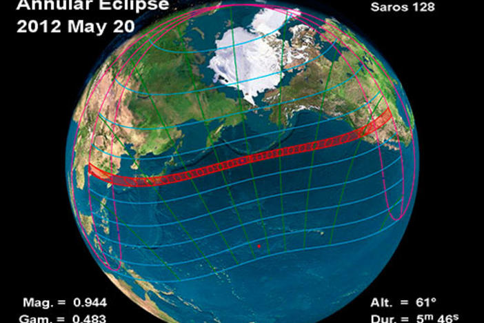 Map of the annular solar eclipse on Sunday, May 20, 2012.  Image courtesy of NASA