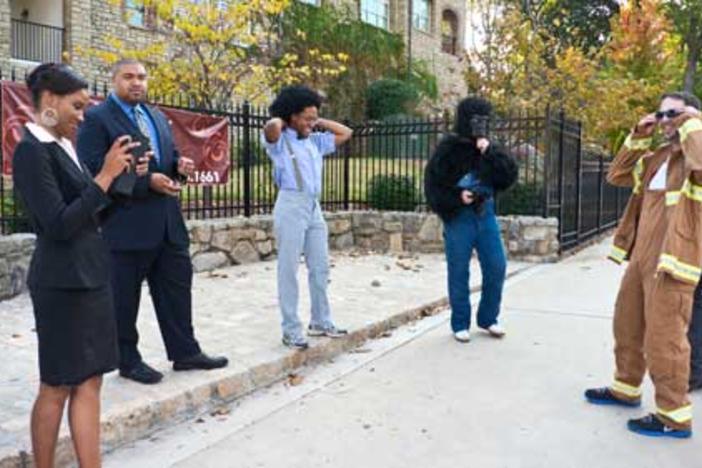 (Atlanta) Preparing for the shoot.  From left: Rachel Daniels, Derek Haynes, Patrick Edmond, Andrew MacCartney and Carl Zornes.