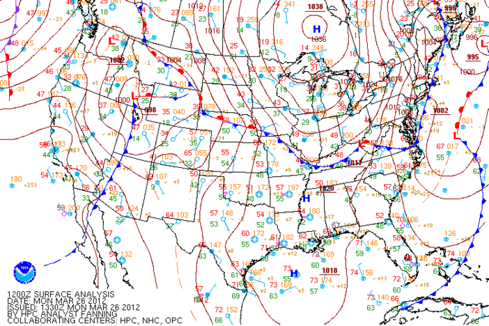 Surface weather map for Monday, March 26, 2012.  (Courtesy: NOAA, NWS, and the HPC)