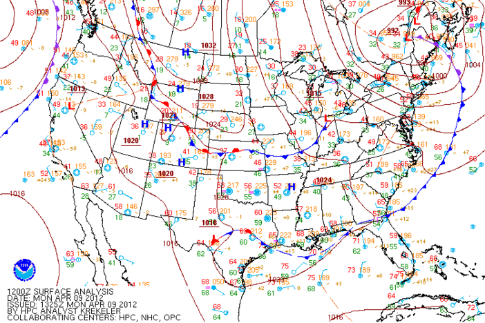 Surface weather map for Monday, April 9, 2012.  (Courtesy: NOAA, NWS, and the HPC)
