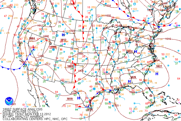Surface weather map for Monday, February 13, 2012.  (Courtesy: NOAA, NWS, and the HPC)