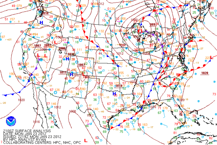 Surface weather map for January 23, 2011.  Map courtesy of the NWS, NOAA, and the HPC.