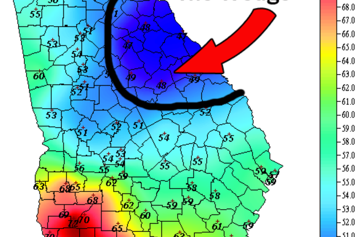 "The Wedge", a weather pattern characterized by a pool of cold air.  Image couretsy of GeorgiaWeather.net.