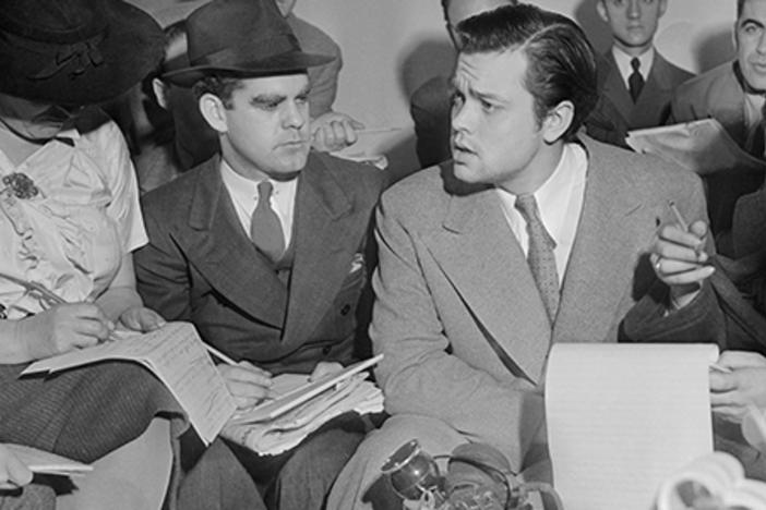 Orson Welles Explaining Radio Broadcast at Press Conference, October 31, 1938. (Courtesy PBS.)