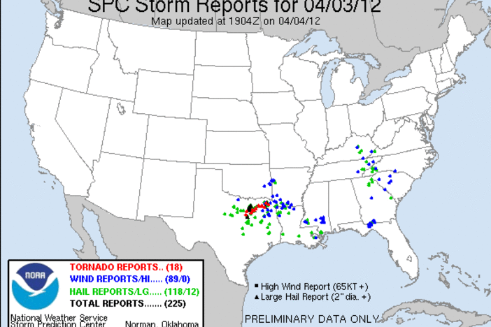 Storm Reports for Tuesday, April 3, 2012.  Courtesy of the Storm Prediction Center.