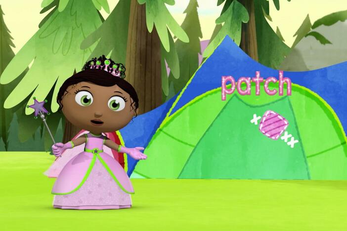 When Mama Bear and Papa Bear rip their camping tent, Princess helps "patch" the hole. 