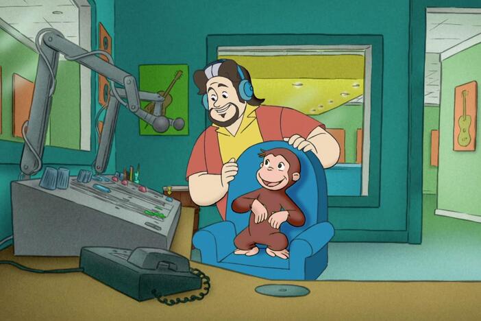 George gets locked in at the radio station. / George learns to make sand art.