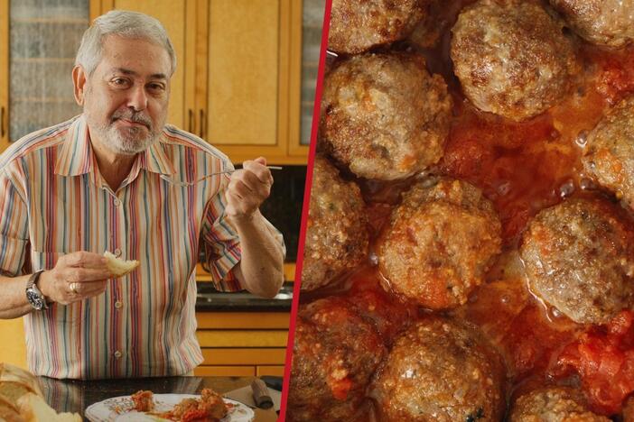 Writer Giuliano Hazan demonstrates his mother's meatballs and tomatoes.