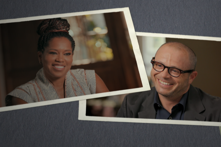 Henry Louis Gates, Jr. greets Regina King and Damon Lindelof.