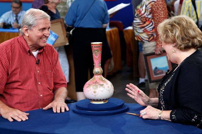 The owner of a pretty Webb vase is tickled pink by Kathy Bailey's appraisal of the piece.