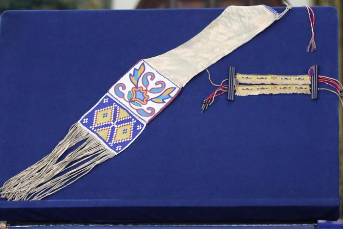 Appraisal: Plains Beaded Hide Pipe Bag & Garters, ca. 1880