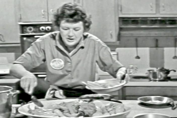 The French Chef, Julia Child prepares the whole main course, cooked together in one pot.