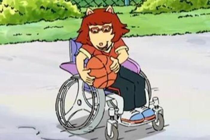 Lydia tutors Brain on how to play hoops in a wheelchair. 