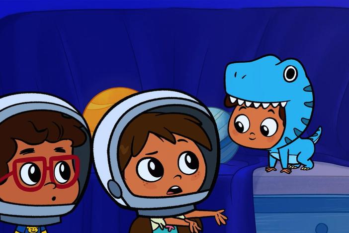 Rosie and Javi are confused when a Dinosaur appears in space