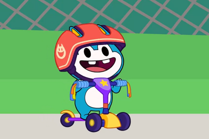 Lyla teaches Stu how to ride a scooter