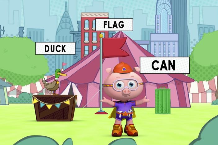 Alpha Pig uses his Lucky Letter Lasso to fix the mess.