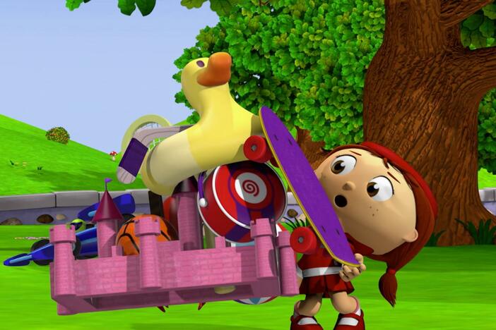 Red wants to bring all of her toys to the park, but she can't hold them all.
