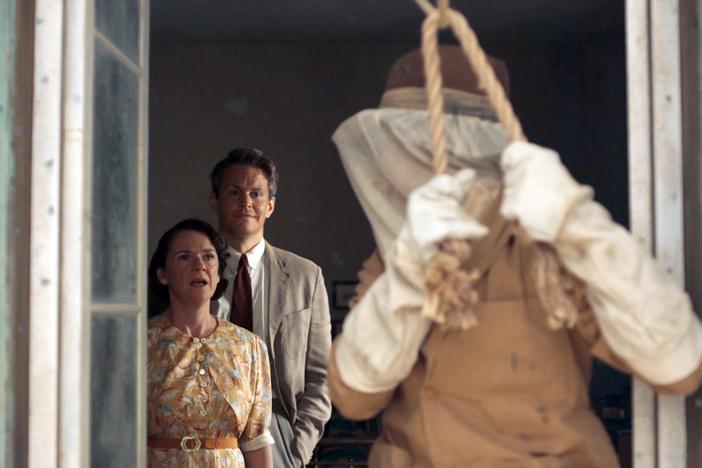 Leslie demonstrates his aerial trapeze, in this scene from episode 6 of The Durrells.